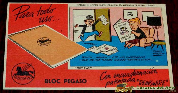 Antiguo Secante Personajes De La Revista Infantil Pulgarcito, Don Pio, Bloc Pegaso.