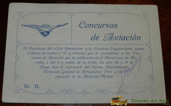 Antigua Tarjeta De Invitacion Al Aerodromo De Armilla (granada) Concurso De Aviacion, Tama�o Postal, Club Penibetico.