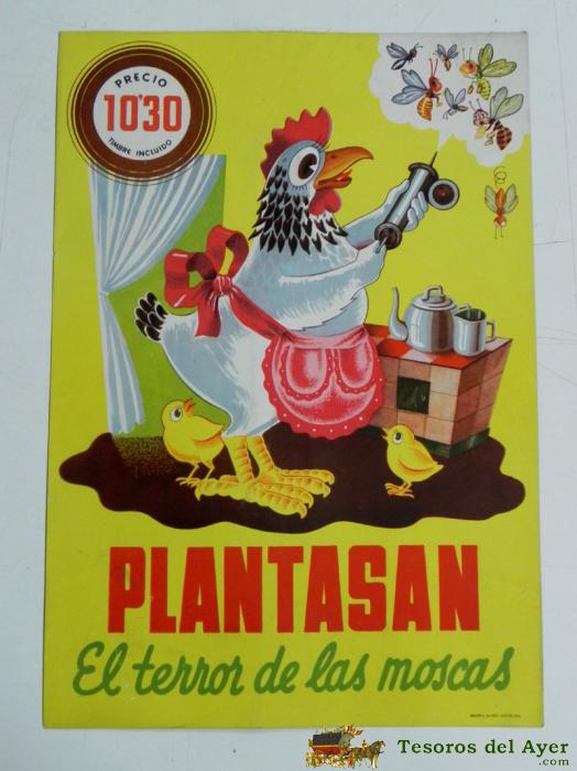 Antiguo Cartel Con Publicidad De Plantasan, El Terror De Las Moscas, En Carton Con Soporte Por La Parte Trasera, Mide 34 X 23,5 Cms.