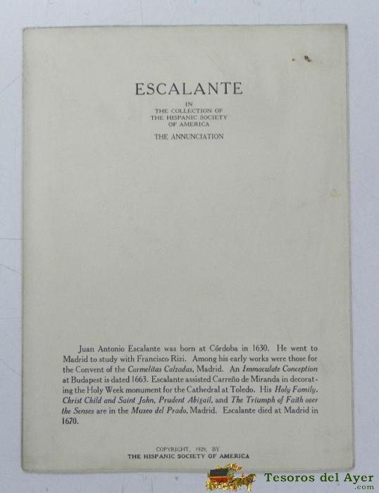 Escalante (juan Antonio Escalante) In The Collectin Of The Hispanic Society Of America With Comparative Material, 1929, 6 Hojas, Se Despliega En Cartel, Cada Pagina Mide 19 X 14 Cms. Muy Ilustrado, 