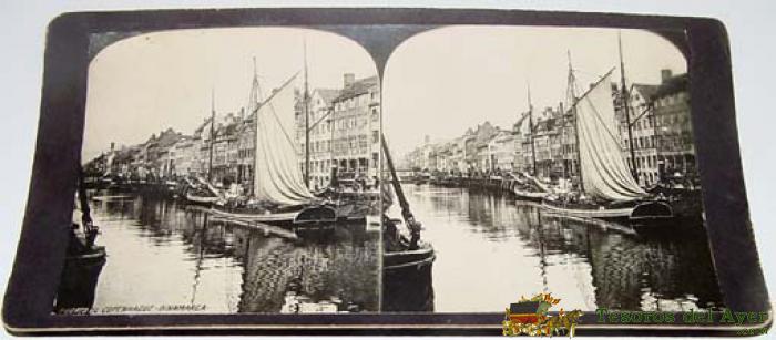 Antigua Estereoscopia Del Puerto De Copenhague (dinamarca) - Mide 18x9 Cms.