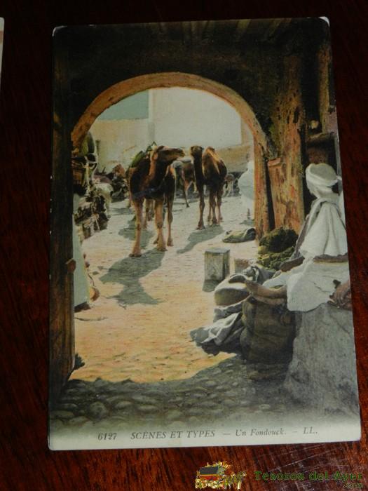 Antigua Postal De Scenes Et Types, N. 6127, Un Fondouck, Posiblemente Algeria, Circulada, Ed. L.l.