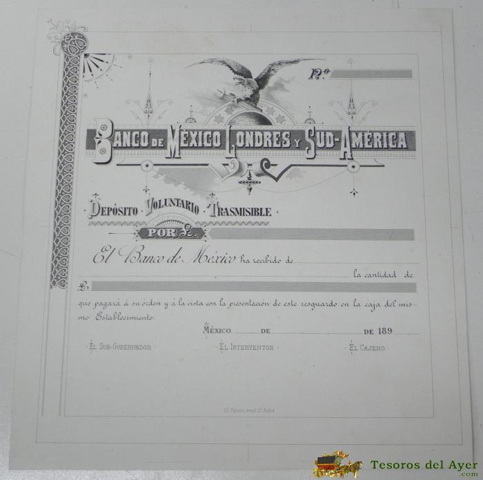 Antigua Litografia Con Publicidad De Banco De Mexico Londres Y Sud-america, Mexico, Tipo Accion, Mide 24,,5 X 22,5 Cms.