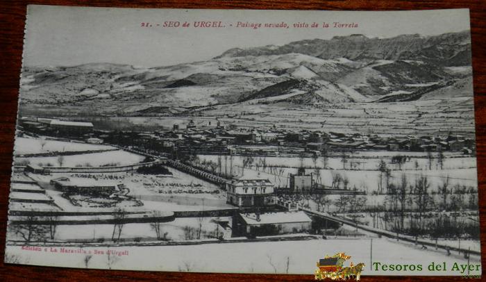 Antigua Postal De Seo De Urgell, Lleida, Lerida, N. 21, Paisaje Nevado, Visto De La Torreta, No Circulada, Ed. La Maravilla.