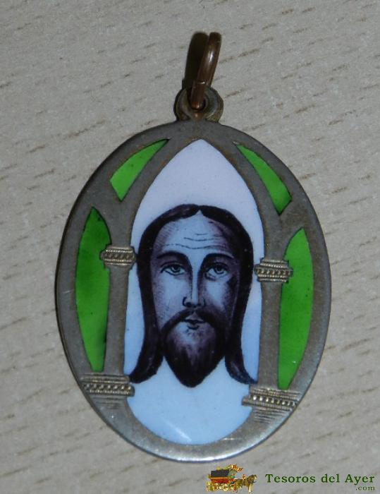 Antigua Medalla Con Esmalte Al Fuego Sobre Cobre De Jesucristo, Mide 4 Cms. Sin Contar La Argollita, Preciosa.