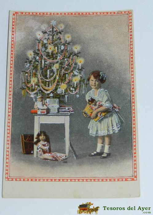 Antigua Postal De Ni�a En Navidad, Arbol De Navidad, Juguetes Y Mu�eca, Escrita, 4134.3