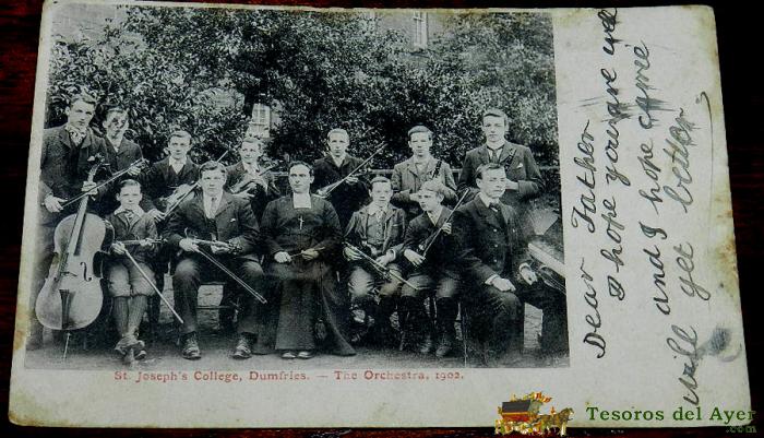 Antigua Postal De Colegio Sant Josephs, Dumfries, Escocia, Orquesta De 1902, Circulada.