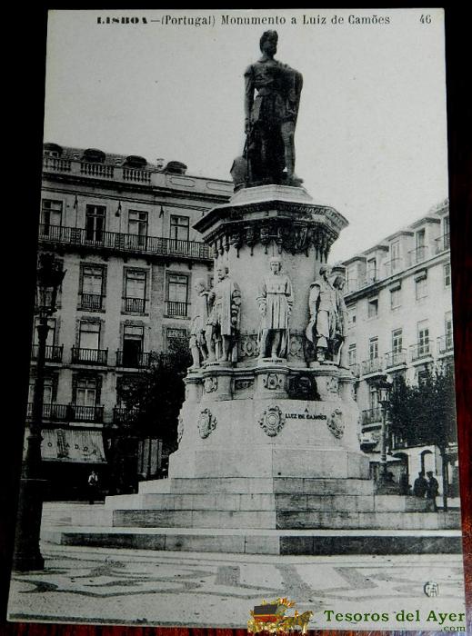 Antigua Postal De Lisboa, Portugal, Monumento A Luiz De Camoes, N.46, Ed. Martins & Silva, No Circulada.