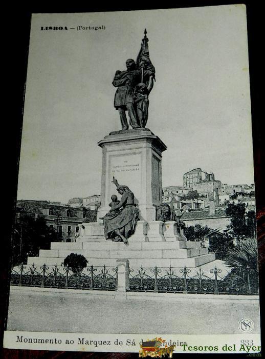 Antigua Postal De Lisboa, Portugal, Monumento De Marquez De Bandeira, N. 333, Ed. Martins & Silva, No Circulada.