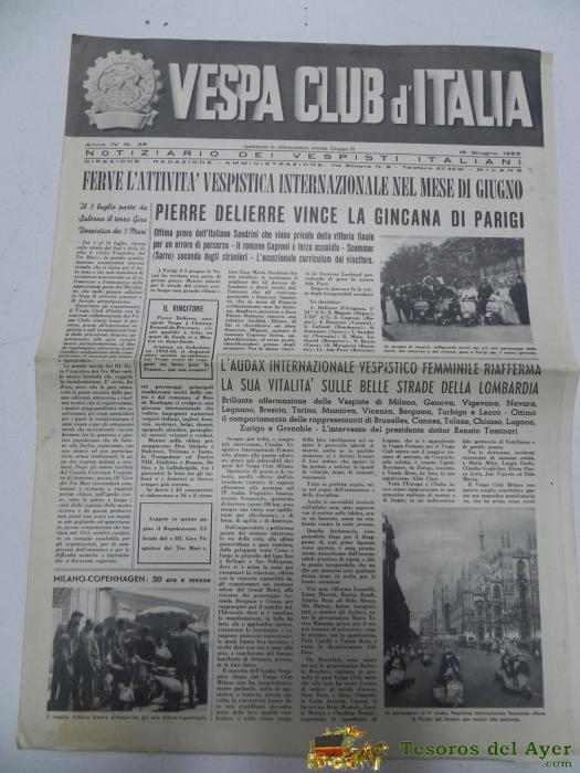 Vespa Club D�italia, Noticiario Del Vespista Italiano, N. 38, Junio De 1955, Con Muchisimas Fotografias, 4 Pag, Mide 42 X 29,5 Cms.