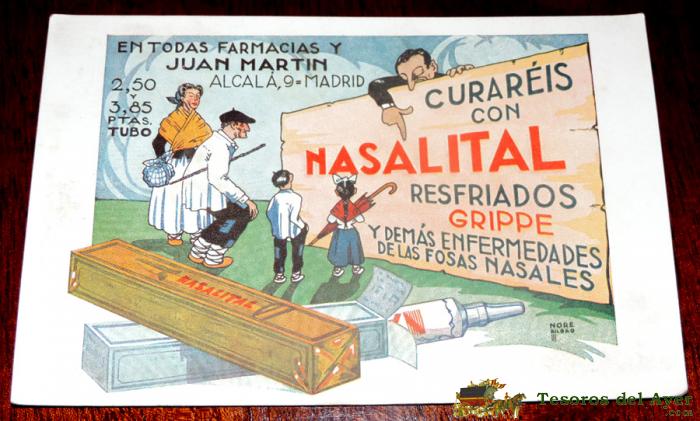Antiguo Secante Publicidad Farmacia, Nasalital, Resfriados, Gripe, Laboratorios Andromaco, 16,5 X 11 Cms. A�os 30 Buen Estado De Conservacion.