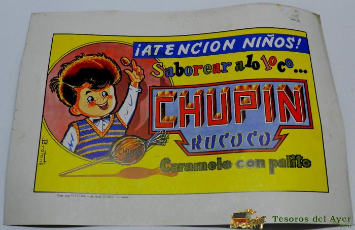 Cartel Publicitario De Ghupin Rococo, Caramelo Con Palito - Ilustracion De Brotons - Ind. Graficas Gomez, Tarancon 1966 - Mide 36 X 26 Cms.
