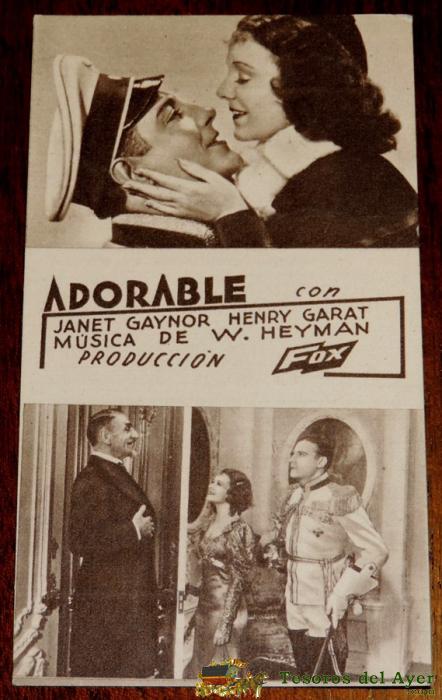 Adorable, Programa De Mano En Cartulina, Fox - Con Publicidad Del Teatro Principal 1935.  Janet Gaynor Y Henry Garat, Con Publicidad