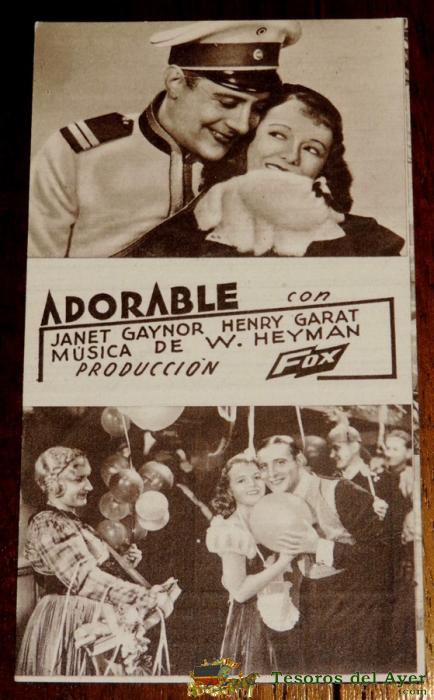 Adorable, Programa De Mano En Cartulina, Fox - Con Publicidad Del Teatro Principal 1935.  Janet Gaynor Y Henry Garat, Con Publicidad