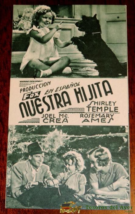 Nuestra Hijita, Programa De Mano En Cartulina, Fox - Con Shirley Temple, Con Publicidad Del Salon Novedades 1936. Palencia.