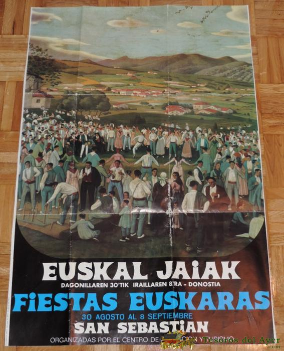 1975 Cartel Fiestas Euskaras, Jose Arrue Ilustrador, Mide 88 X 59 Cms. San Sebastian, Tal Como Se Ve En Las Fotografias Puestas.
