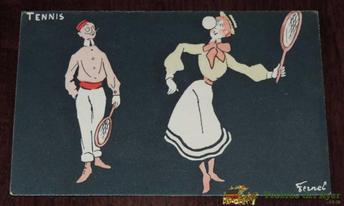 Postal Ilustrador Frances Fernand Fernel. Tema De Tennis, Sin Dividir, Sin Circular