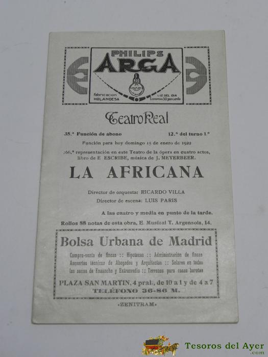 Programa Del Teatro Real, 15 De Enero De 1922, La Africana, Tiene 20 Pag, Mide 18,5 X 11,5 Cms.