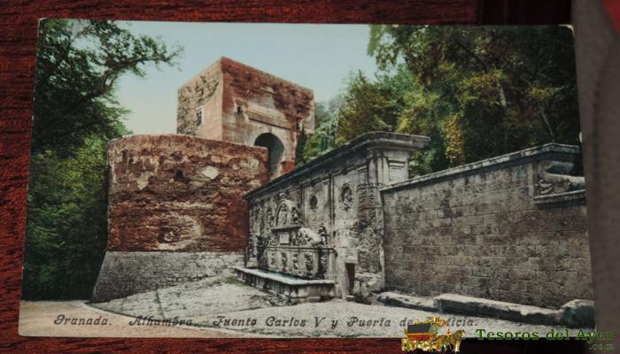 Postal De Granada, Alhambra, Fuente Carlos V Y Puerta De Justicia. No Circulada. Ed. Purger & Co. 5828.