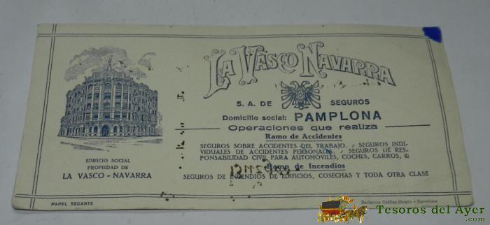 Papel Secante La Vasco Navarra Pamplona, Reclamos Grafica Manen, Mide 25,7 X 12,7 Cms.