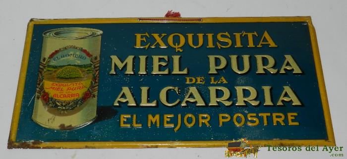 Chapa Publicitaria Miel De La Alcarria, Guadalajara, Original, A�os 40, Mide 34 X 17 Cm. Realizada Por  Andreis, Badalona.