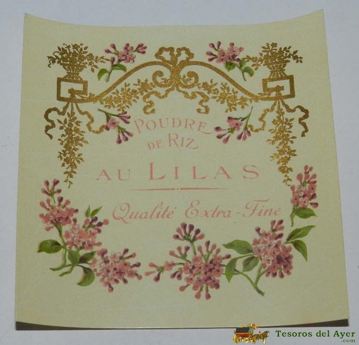 Etiqueta De Perfumeria Poudre De Riz. Au Lilas, Modernista. Art Nouveau Perfum Label, Etiquette De Parfum, Mide 9 X 8,5 Cms.