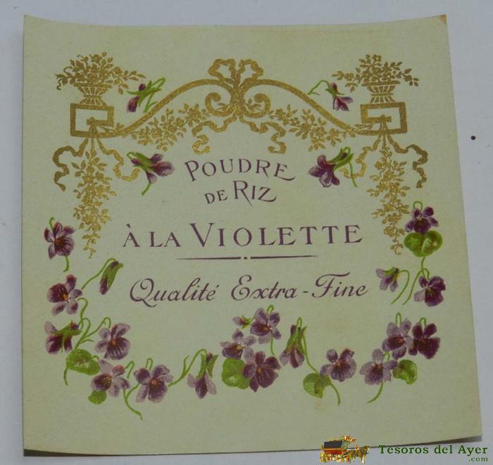 Etiqueta De Perfumeria Poudre De Riz. A La Violette, Modernista. Art Nouveau Perfum Label, Etiquette De Parfum, Mide 9 X 8,5 Cms.
