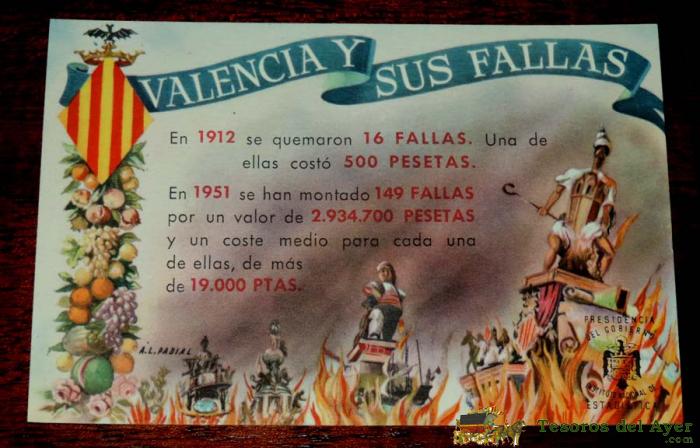Postal De Valencia Y Sus Fallas, Ilustrada Por A.l. Padial, Ed. Por Presidencia Del Gobierno, Instituto De Estadistica, I.g. Valverde, No Circulada.